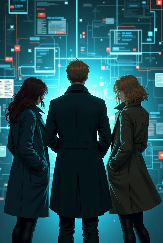 A young man of 20 years old, a blonde woman of 34 and a brunette woman of 34 are both detectives and wear a coat and are on the web