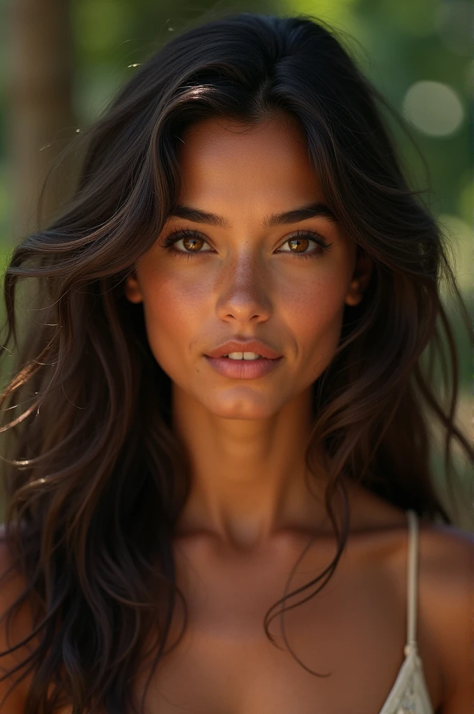 Woman of Tahitian origin, brown eyes, long hair, 20 years old