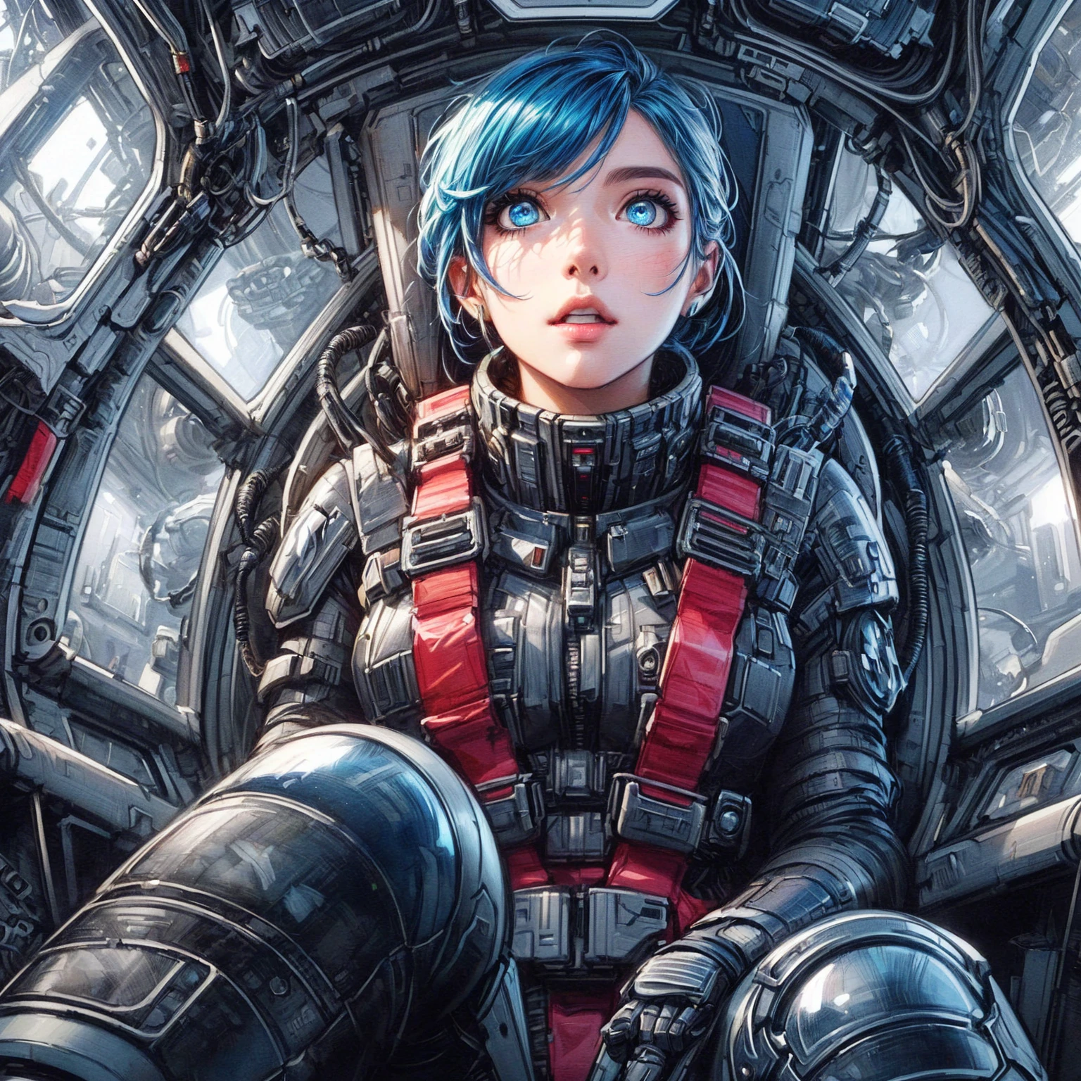 a close up of a woman sitting in a chair with a sci - fiction theme, portrait anime space cadet girl, detailed sci-fi art, sci-fi illustrations, sci - fi illustrations, portrait armored astronaut girl, mechanized valkyrie girl, artgerm jsc, greg beeple, sci - fi pilot, sci-fi digital art illustration