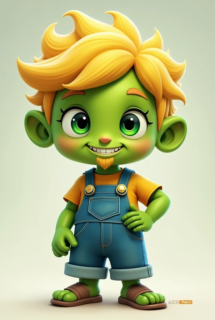 a herói green boy with yellow hair and overalls, a digital rendering, a character portrait, inspired by Wendy Froud, tomba, it\'s name is greeny, small blond goatee, toonix character, cell shaded cartoon