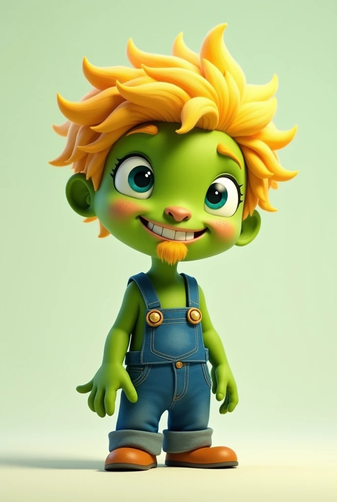 a herói green boy with yellow hair and overalls, a digital rendering, a character portrait, inspired by Wendy Froud, tomba, it\'s name is greeny, small blond goatee, toonix character, cell shaded cartoon
