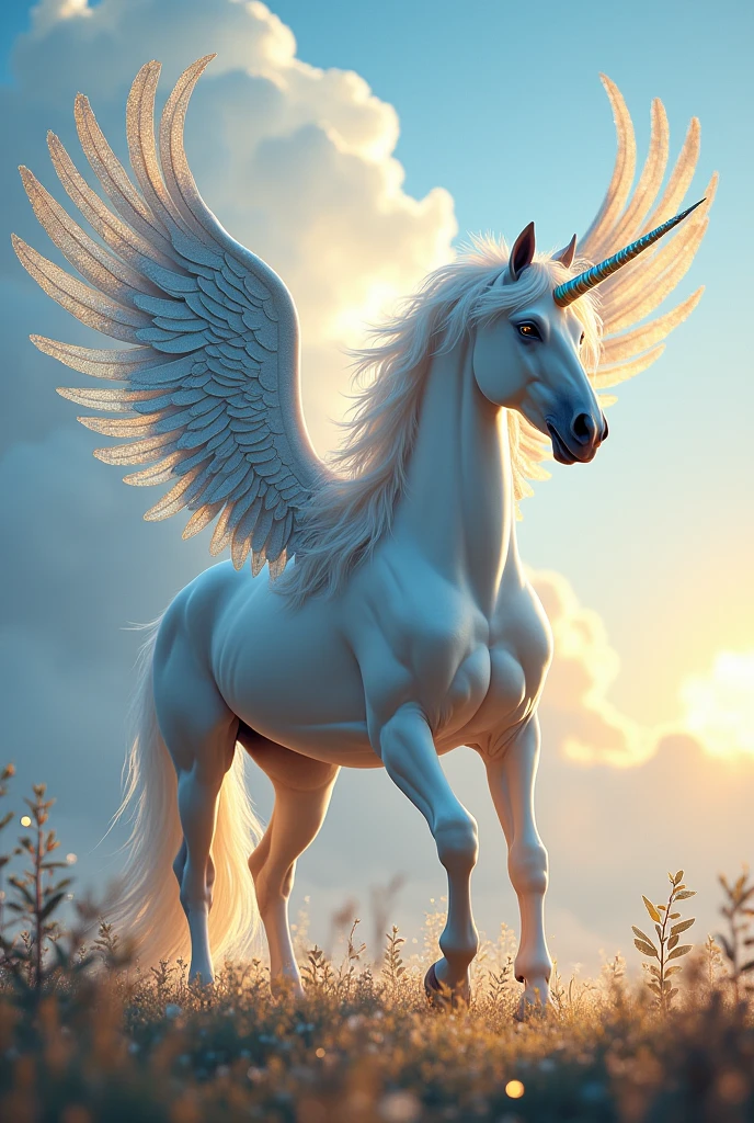 unicorn stood tall and proud, their bodies gleaming with a soft, pearlescent glow. Their coats were a pristine white, so pure it seemed to capture and reflect the light of the sun, making them appear almost ethereal. Their manes and tails flowed like liquid silver, cascading in waves of light with every movement.
The most striking feature of these unicorns was their wings. Unlike any other creature in the universe, these unicorns bore wings that were both grand and delicate, spanning twice the length of their bodies. Each feather was intricately designed, starting with a deep, iridescent blue at the base, gradually shifting to a shimmering gold at the tips. When they spread their wings, they created a dazzling display, casting vibrant hues across the sky.
Their eyes were deep pools of wisdom and mystery, a brilliant sapphire blue that seemed to see into the very soul of anyone who looked upon them. The unicorns’ hooves, made of pure crystal, touched the ground with a lightness that defied their strength, leaving a trail of glowing prints in their wake. A single, spiraled horn adorned each unicorn’s head, crafted from an opalescent material that shimmered with all the colors of the rainbow, a symbol of their immense power and purity.