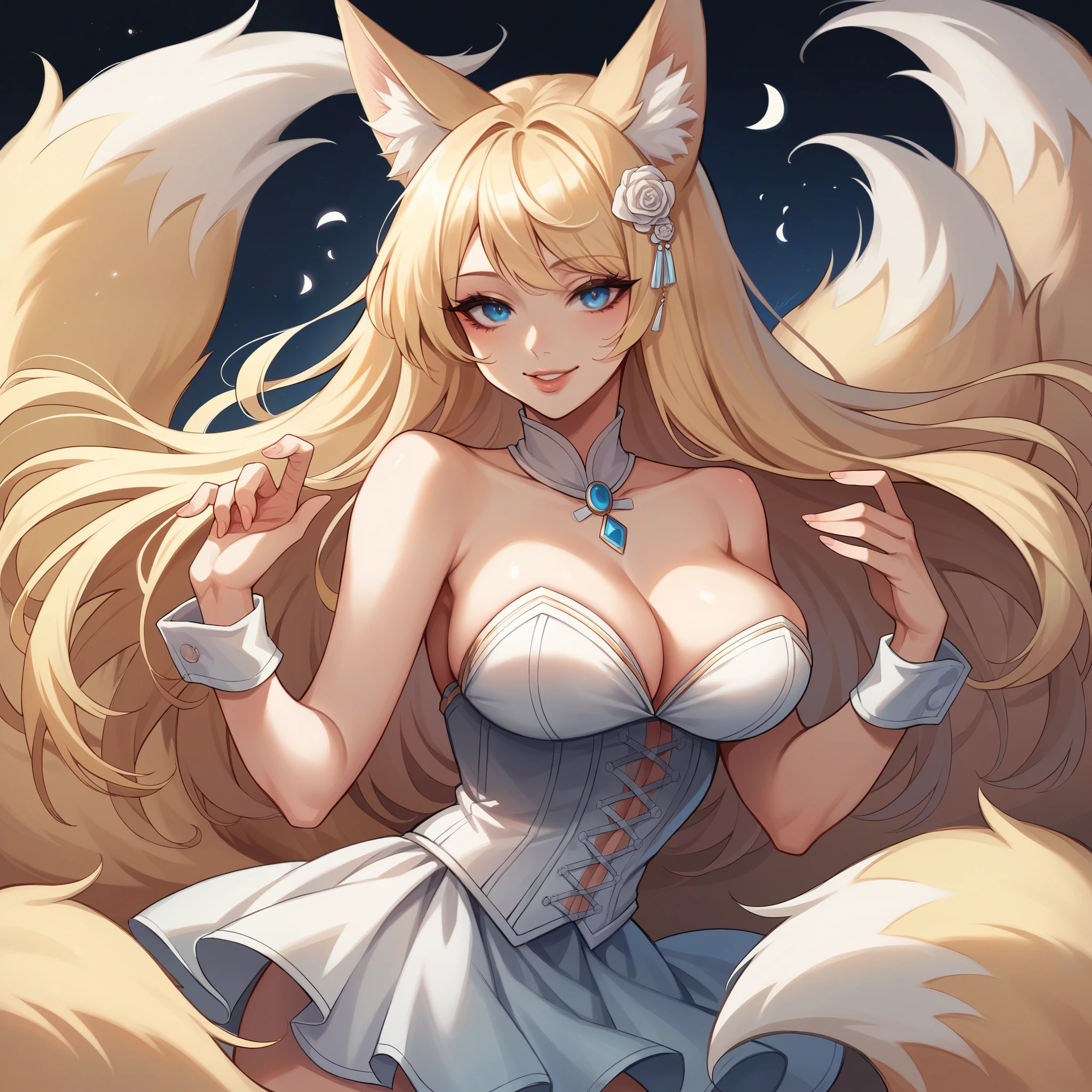 blonde long hair, blue eyes, smiling, beautiful detailed eyes, beautifully detailed lips, extremely detailed face, 1girl, animal ears, fox ears, fox tail, fox girl, white mini dress, bare shoulders, cleavage, large breasts, corset, seductive pose, digital painting, highly detailed, intricate details, cinematic lighting, vibrant colors, Anime, 8k, best quality, (masterpiece:1.2)