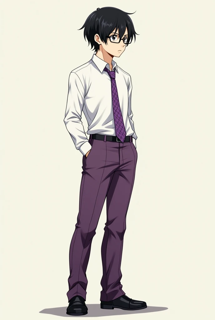 Un lycéen d'anime aux cheveux noirs et un tout petit peu longs, vêtu d'une chemise blanche, d'une cravate violette à carreaux et d'un pantalon violet aussi. Il est de taille moyenne. Il a de larges épaules, un large dos, et les yeux très noirs. Il se tient droit, il est de profil. Il porte des chaussures de ville noires. Il a des lunettes et un visage très froid, très inexpressif.