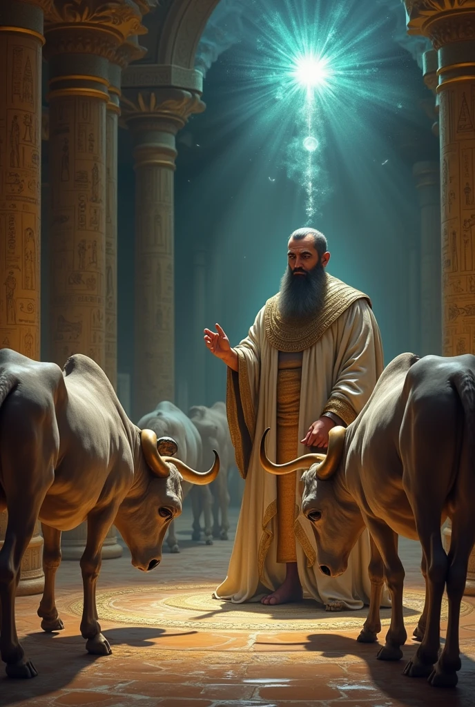 Biblical character Pharaoh dreaming of lean cows and fat cows