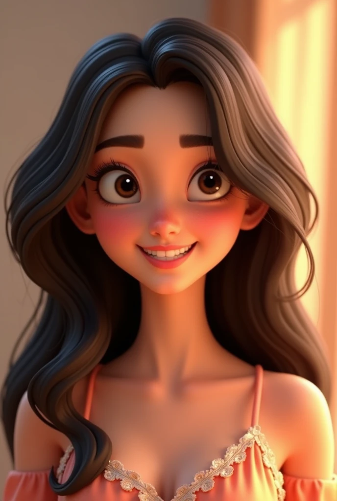 Disney Pixar 3D image of a young woman with long dark brown hair,Oval face,brunette and black eyes