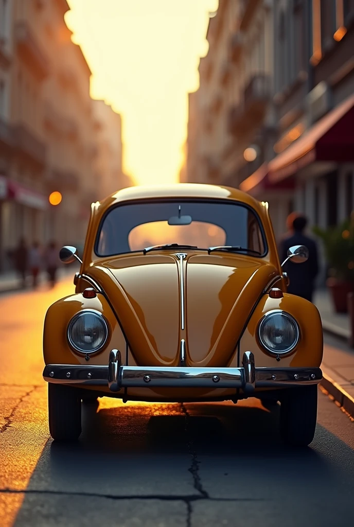 see a cinematic image of a vintage VW Beatle car on the street with a dramatic shallow depth of field, with a warm touch. The image is bathed in a romantic, golden light, with subtle vignette and bokeh effects, evoking the feeling of a bygone era. Inspired by the works of Wojtek Fus, the scene is rendered in rich, cinematic color grading, with deep reds, blues and purples. The atmosphere is intimate and sentimental. The overall aesthetic is a perfect blend of nostalgia and modernity..