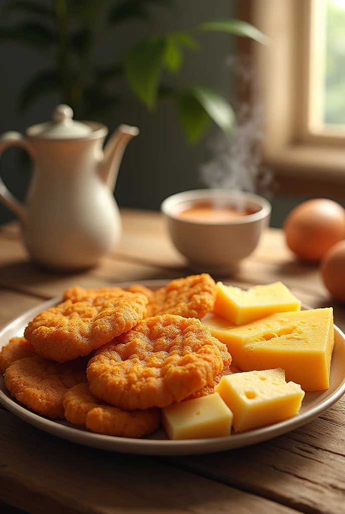 A breakfast containing fried yuca, boiled eggs, a piece of cheese and tea with milk.