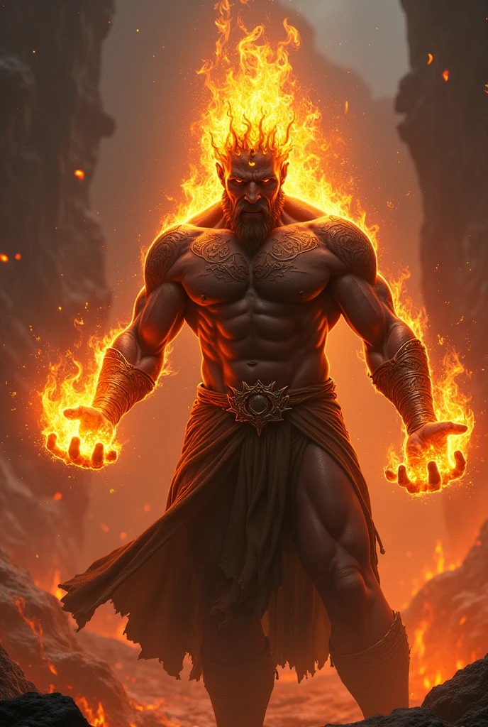 (photorealism:1.2), built up hades, dark fiery skin wearing a crown of fire, gateway of the greek underworld, fire tattoos on torso and arms, hard lighting, lava in background, fires balls of fires from the hands, battling pose, realistic, intricate details, warm colors, everything is on fire, souls floating