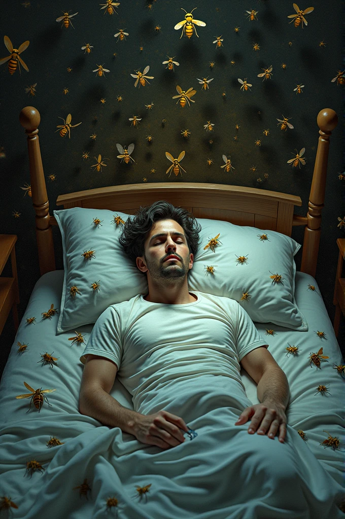 Un homme qui dort, alité dans sa chambre qui est envahi de guêpes. Il y en a partout.