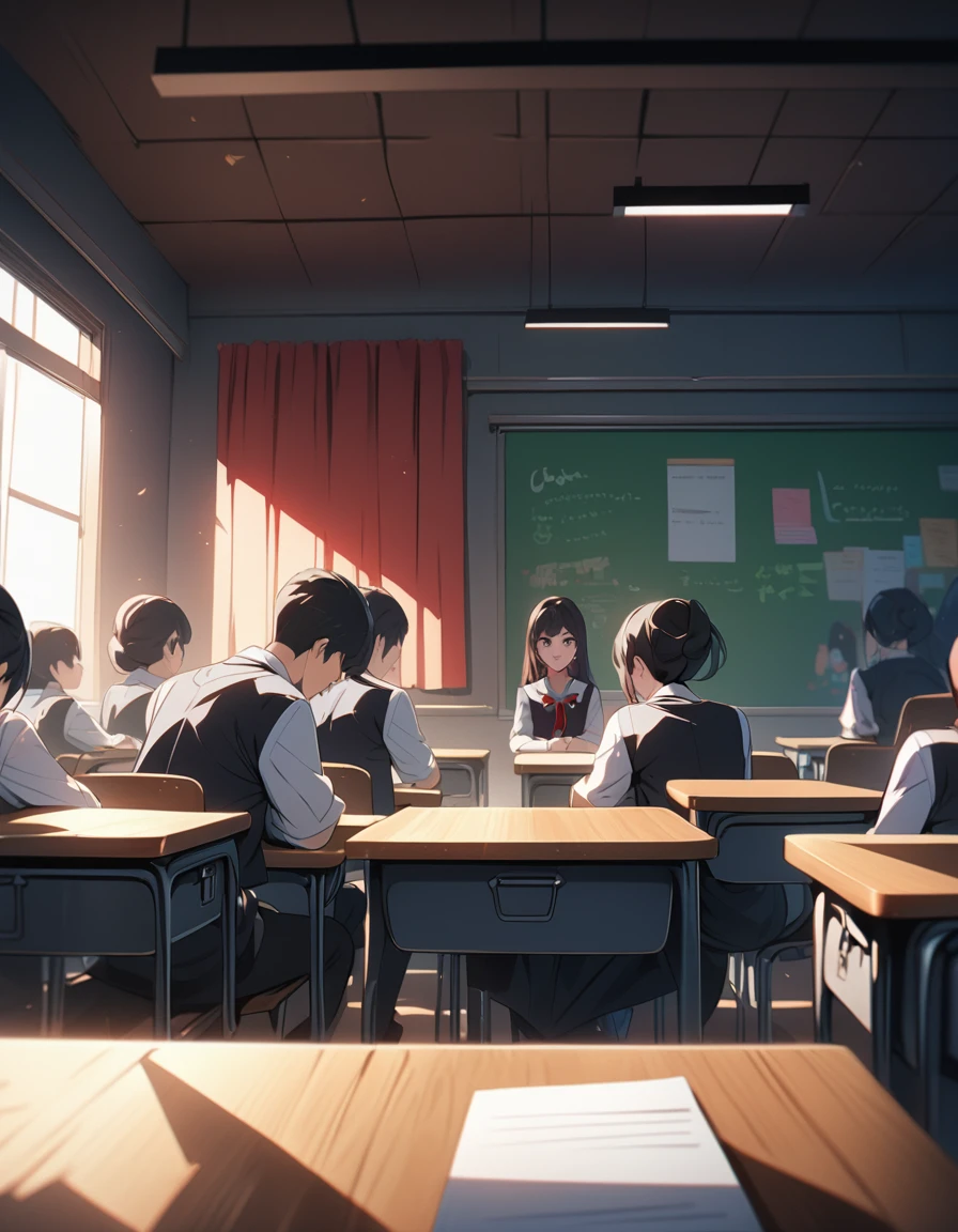 anime style, classroom scene students sitting at desks staring at the teacher, 4k, very detailed, bright vivid colors, 8k, full hd