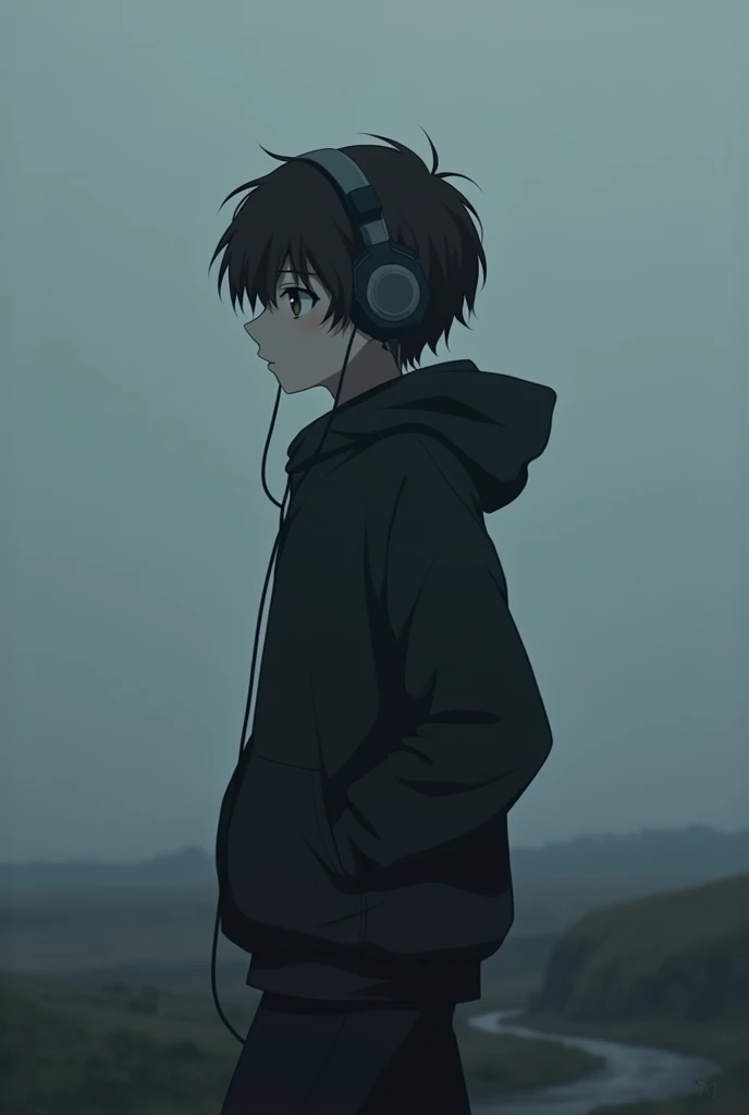 Sad anime boy with his headpone on.Walking with his hoddie on a gray atmosphere showing from the side