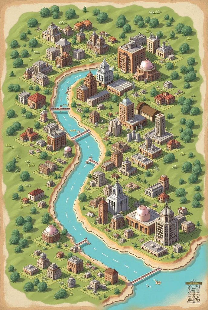 a map divided with icons of buildings or entities