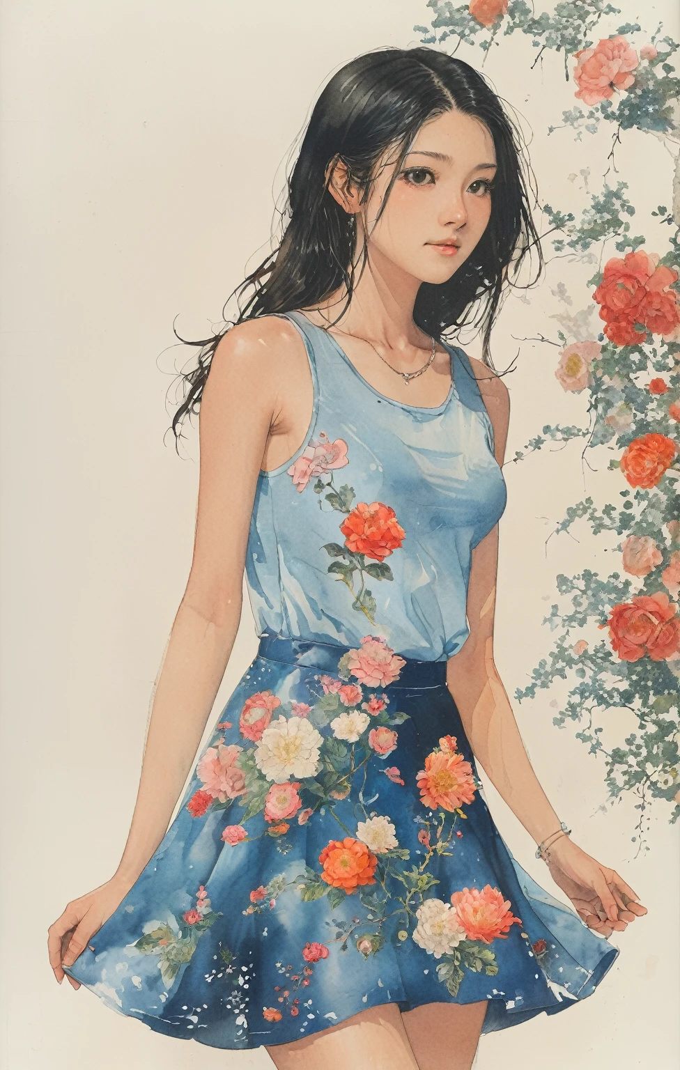 8K,​masterpiece,top-quality, (From below:1.6) ,Dynamic Pose,30 years old 1 girl, Holding a large bouquet,Portrait, Floral, watercolor sketch, light, Long hair, ssmile, watercolor paiting \(Medium\),watercolor paiting,Plain tank top,Plain light blue sweater,long  skirt, ((masterpiece)),(((Highest quality))),((Character design sheet)), sexy tits, beaytiful legs, whole body:1.5，(One Girl:1.3), (black thick pointy heels:1.3),(Wearing a mini skirt dress:1.2), Model pose, flat background, white background, clear background, (((NSFW:1.0))), flirty, flirting, sexy girl, up skirt, standing up, full view, proportional body, show labia, show nipples, show pussy, show vagina,