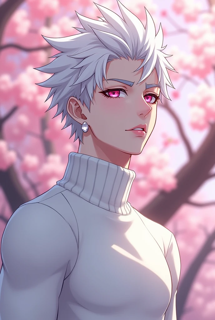 anime character, White hair, spiky hair, Pale skin, pink eyes, Long white eyelashes, male, muscular, white small earrings, big glossy lips, cherry blossom trees, grey eyebrows, white sweater,