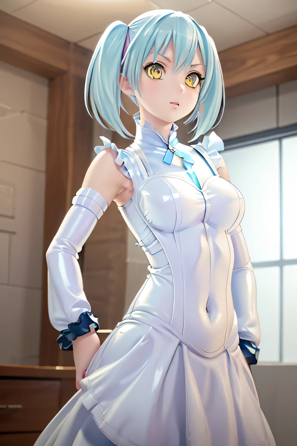 Perfect Anatomy　Highest quality,Highest Resolution,(((White latex dress　Light blue hair)))　[blurry]　8k　Removable sleeves　Sleeveless dress　Yellow Eyes　Advance Wars Tabitha