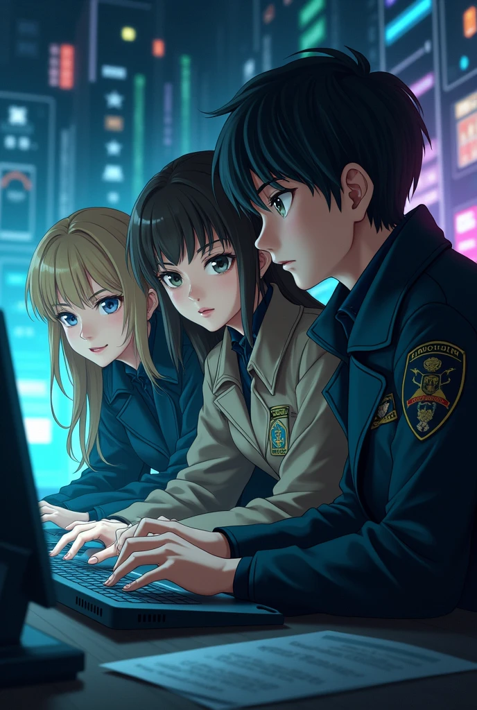 A young man of 20 with black hair, a blonde woman of 34 and a brunette woman of 34, both are detectives and wear coats and are on the web