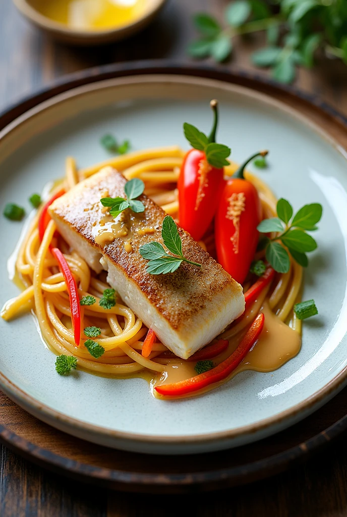Marinated sea bass slices with peanut dressing, seen from above and with red pepper salad, yellow and gherkin finely chopped into julienne strips, with a gourmet plating