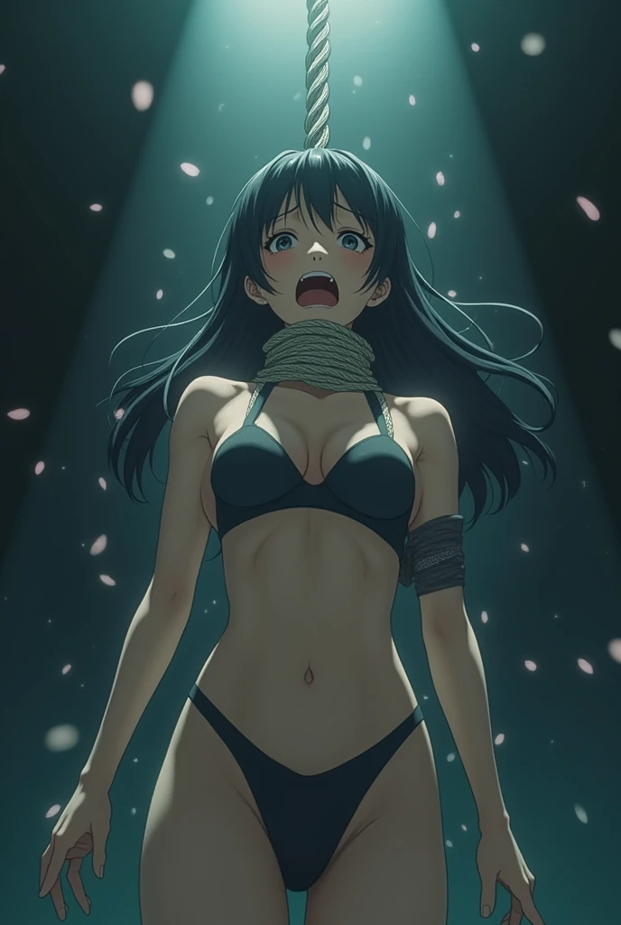 a Japanese girl, anime style being hanged by a rope, stuck in your throat and struggling to breathe, the rope tightens her throat and leaves her above the ground, making your feet swing, the girl is tall and has relatively large breasts, but her breasts are held tight by a bra