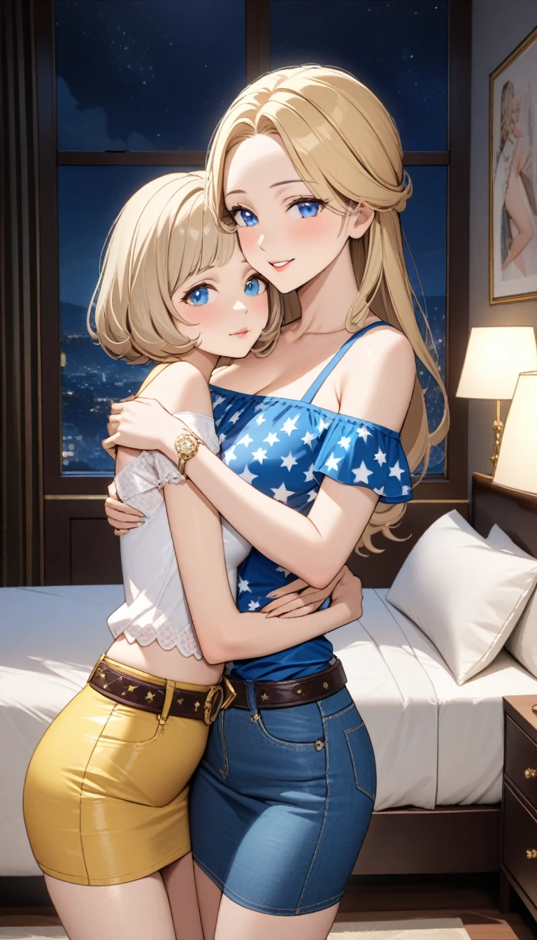 ((Two beautiful ladies)), ((lady 1: 45y old mom, with short straight blonde hair with blue eyes and caucasian skin, wearing ((Tight Dark Green Denim Skirt)), ((Leather Belt)), ((Sexy Off Shoulder Short Sleeves Blue Blouse With White Stars Prints)), ((lady 2: 18y old daughter, with short straight blonde hair with blue eyes and caucasian skin, wearing ((Tight Yellow Denim Skirt)), ((Leather Belt)), ((Sexy One Strap White Blouse)), ((lady 1: 45y old mom wearing luxurious jewelry, 18k gold wedding ring on left hand)), standing in their bedroom at night, mother hugging and kissing her daughter from behind, (light brown lipstick), (elegant mascara), (slim body), (small breasts), (wide hips), endjourney, <lora:GoodHands-, <lora:GoodLegs-, UHD, high resolution, (expressive eyes, perfect face, full body, expressive face, perfect body, perfect pussy, athletic, fit, slim body, blushing, Perfect makeup, eyeliner, beautiful eyelashes, smiling, horny face), ((best illumination, best shadows)), ((sexy pose)), score_9_up, score_8_up, score_7_up