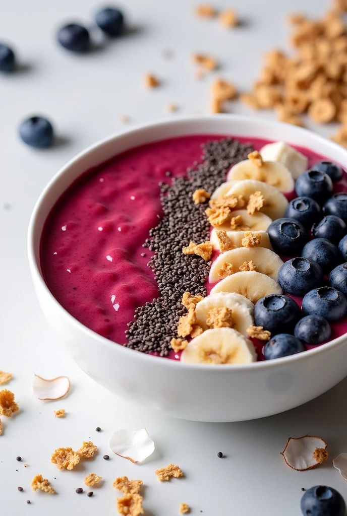 Create an image of this recipe: Red Berry Smoothie Bowl Ingredients:
- Strawberries: 100 g - Blueberries: 50 g - Frozen banana: 1 unit (ca.. 120 g)
- Coconut milk: 100 ml
- Granola: 30 g - Chia seeds: 10 g - Shredded coconut: 5 g Preparation:
1. In a blender, mix the strawberries, blueberries, frozen banana and coconut milk until a thick, smooth consistency is obtained.
2. Pour the mixture into a bowl.
3. Decorate with granola, chia seeds, and grated coconut on top.
4. Enjoy immediately for a fresh and nutritious breakfast.