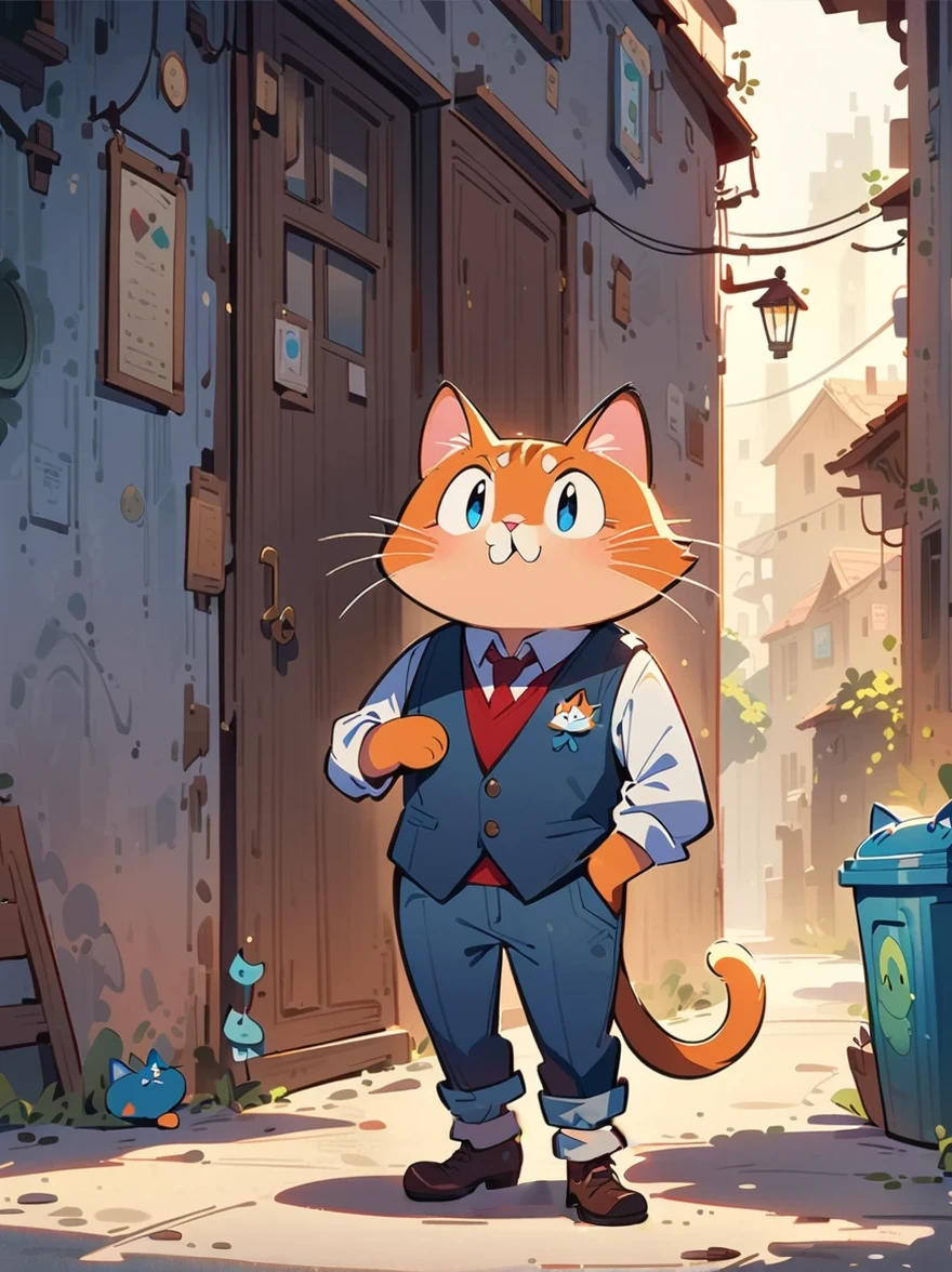2d a tall adult male cat teacher, middle aged, 50 years old, dressed as a teacher in a vest, 2d cartoon style, full body, solo, whimsical, masterpiece, 8k, cinematic lighting, award winning digital art