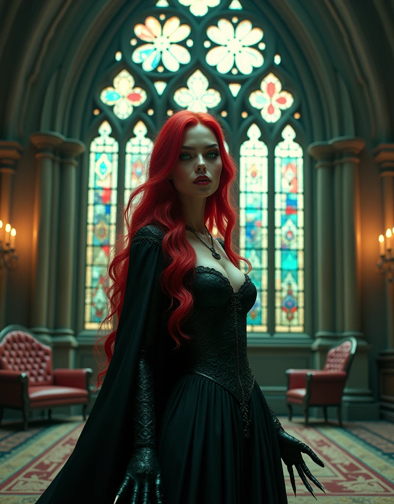 1 focus:(((extra wide angle entire room:2.0),(best quality,4k,16k,highres,masterpiece,ultra-detailed,realistic,dark gothic stained glass window,vibrant red glass colors,detailed intricate patterns,medieval architectural element,dark and mysterious atmosphere, light filtering through the stained glass and grand candellight,fine artistic details,sharp focus,high walls, big gothic vampire style interior,vivid colors,portraits,concept artists,rich and deep black:1.6 color tones,stunning play of light and shadow, medievale bed:2.0)),(masterpiece,Distinguished Quality).BREAK2:(An ultra hot),(1 female age 18),(evil witch,realistic,ultra-thick long,bright,high contrasts,bloodred:0.9,orange:0.1 hair),(Large, high contrast green:0.9, bright yellow:0.1),extra big eyes,extra long, thick,dark eyelashes),(blood red, plump lips),(beautiful eyes)Big breasts, big ass,thin waist,(glowing skin: 1.2), (long legs :1.1),(thick and toned thighs),(attractive expression,alluring:1.3),(detailed hands,realistc long monsters claws)(Look at me) =#The entire setup is masterpiece 1:3 framed with the grandeur of medieval gothic style, focus on entire room#