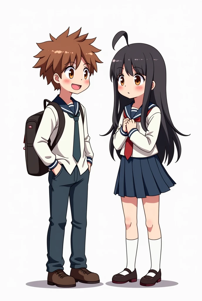 Comic Cover,White background,Two high school students,A very cheerful boy with a smile,brown hair, his hair is smooth and has a bit of a cowlick.,A dull cute,Cold expression,Black short hair,with a forelock,They stand together,Wearing school uniform,Full body picture,Vision