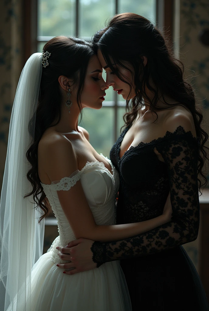 Masterpiece,
Beautiful bride in white dress seduced by alluring lesbian vampire woman, evil, gothic black lace dress, flattering, cleavage, Long Hair, kiss, glowing red eyes