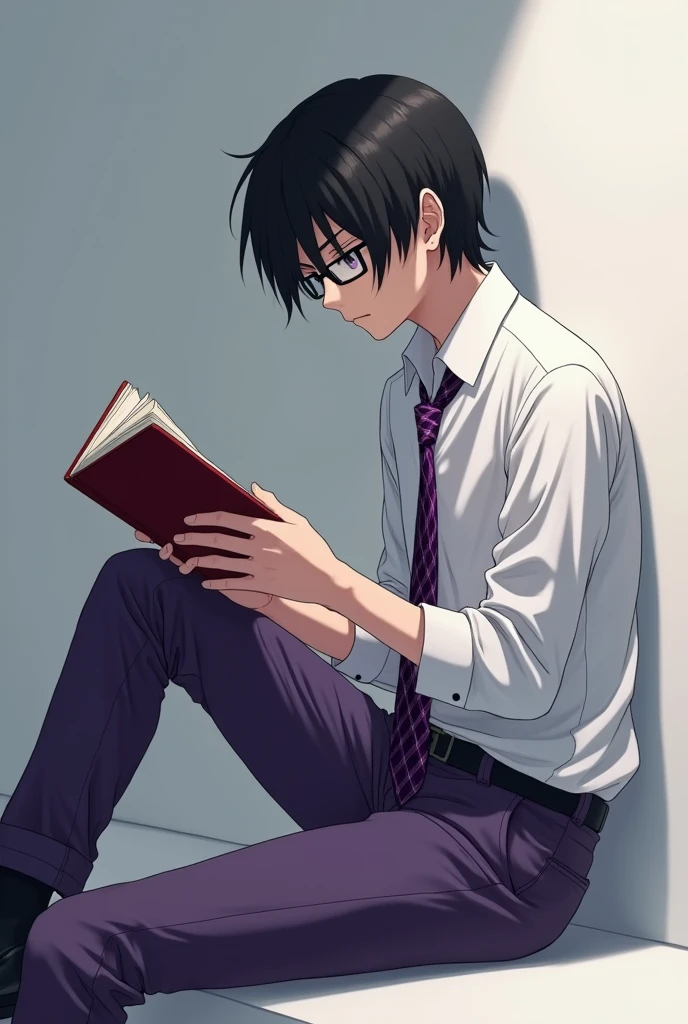 Un lycéen d'anime aux cheveux noirs et un tout petit peu longs, vêtu d'une chemise blanche, d'une cravate violette à carreaux et d'un pantalon violet aussi. Il est de taille moyenne. Il a de larges épaules, un large dos, et les yeux très noirs. Il lit un livre de fantasy, il est de profil. Il porte des chaussures de ville noires. Il a des lunettes et un visage très froid, très inexpressif.
