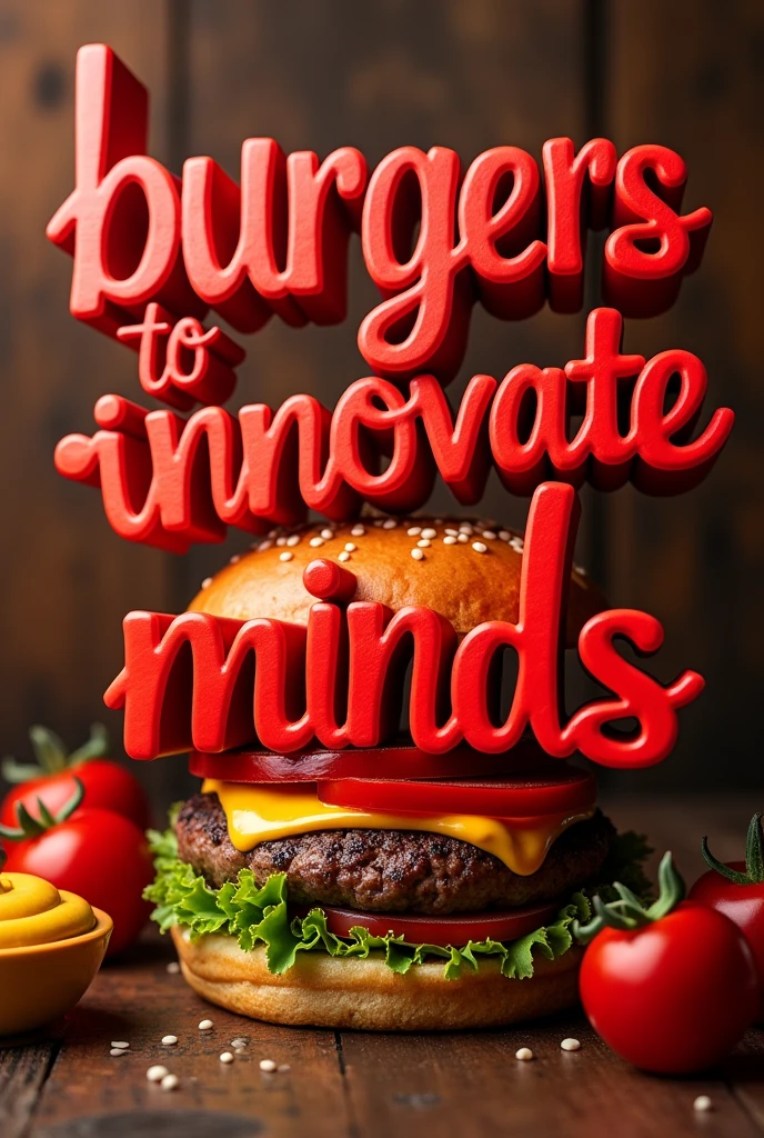 An image in say "Burgers to innovate minds pleasantly" like a slogan in red tones, with mustard, etc, with that color palette that says what I wrote inside the quotation marks