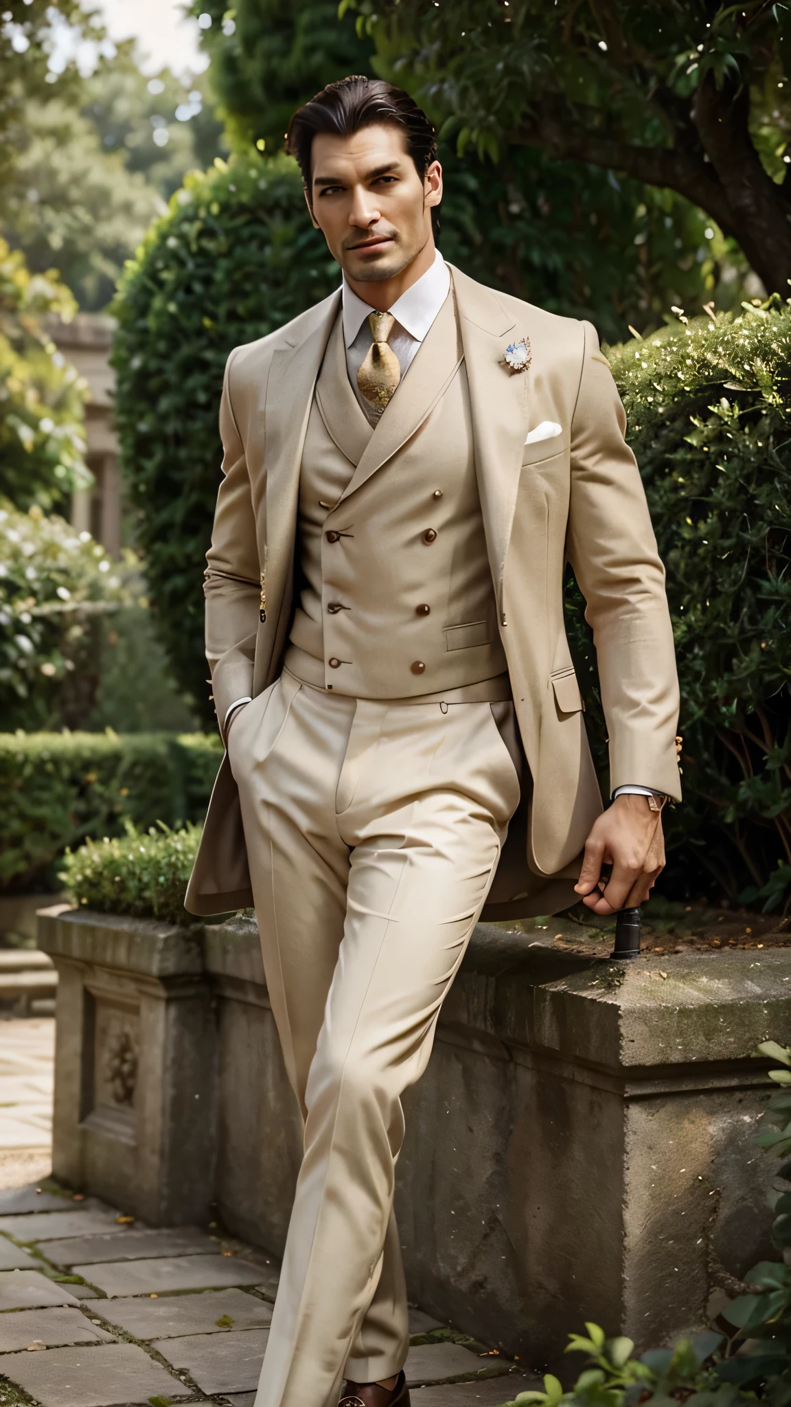 Create an elegant retro vintage fashion scene featuring a male model of African descent, resembling David Gandy. The model has an athletic figure with a striking, masculine physique and a captivating presence. He is dressed as a British prince, wearing a tailored, vintage-inspired royal outfit that includes a finely crafted velvet jacket adorned with intricate embroidery, a crisp white shirt, and tailored trousers that exude sophistication.
The scene is set in a lush royal garden, with manicured hedges and vibrant flower beds creating a picturesque backdrop. The warm sunlight filters through the leaves of ancient trees, casting dappled shadows on the ground and enhancing the regal atmosphere. The model stands confidently on a stone pathway, embodying the grace and poise of royalty.
His jacket is elegantly fitted, accentuating his athletic build, while the rich colors of the fabric reflect the opulence of royal attire. A decorative brooch glimmers on his lapel, adding a touch of refinement. The model's pose is both regal and relaxed, with one hand resting casually in his pocket and the other gently holding a vintage cane, showcasing his noble demeanor.
His gaze is directed towards the camera with a charming and charismatic expression, embodying the classic style and elegance of a British prince. The warm, ambient lighting and slight film grain effect accentuate the retro vintage atmosphere, making the scene feel both timeless and stylish. Filmed on ARRI ALEXA 65, with bokeh and sharp focus on the subject, shot by Don McCullin. The atmosphere should exude a sense of artistic expression with a retro vintage touch, where the model embodies the essence of classic fashion—elegant, refined, and timeless—amidst the enchanting beauty of a royal garden.