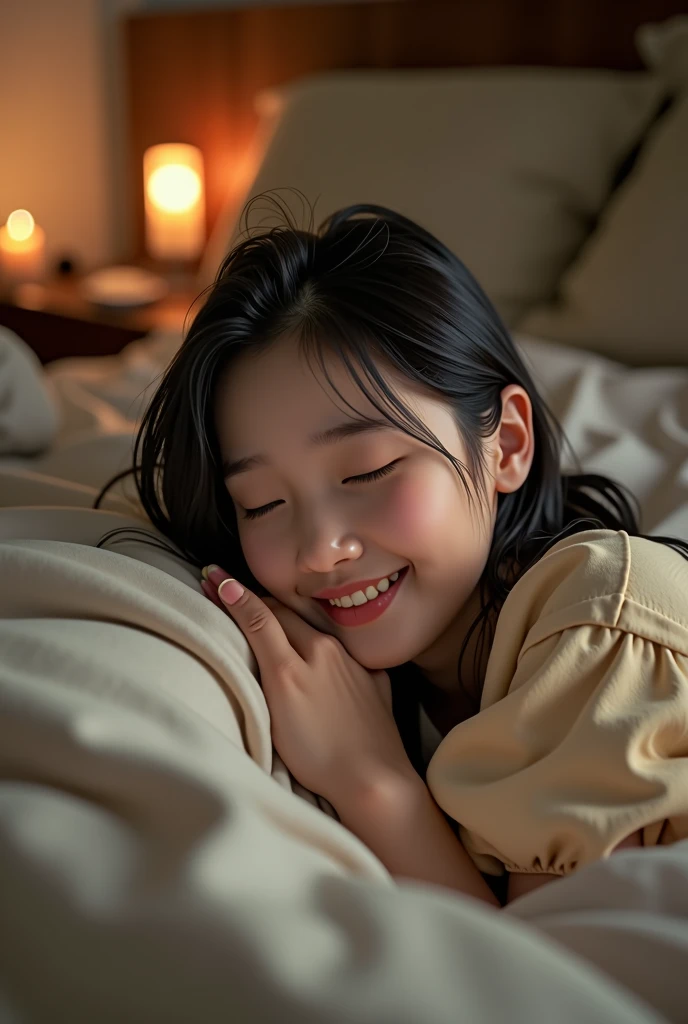 cute  korean girl lying in bed with a beautiful smile (show feet).