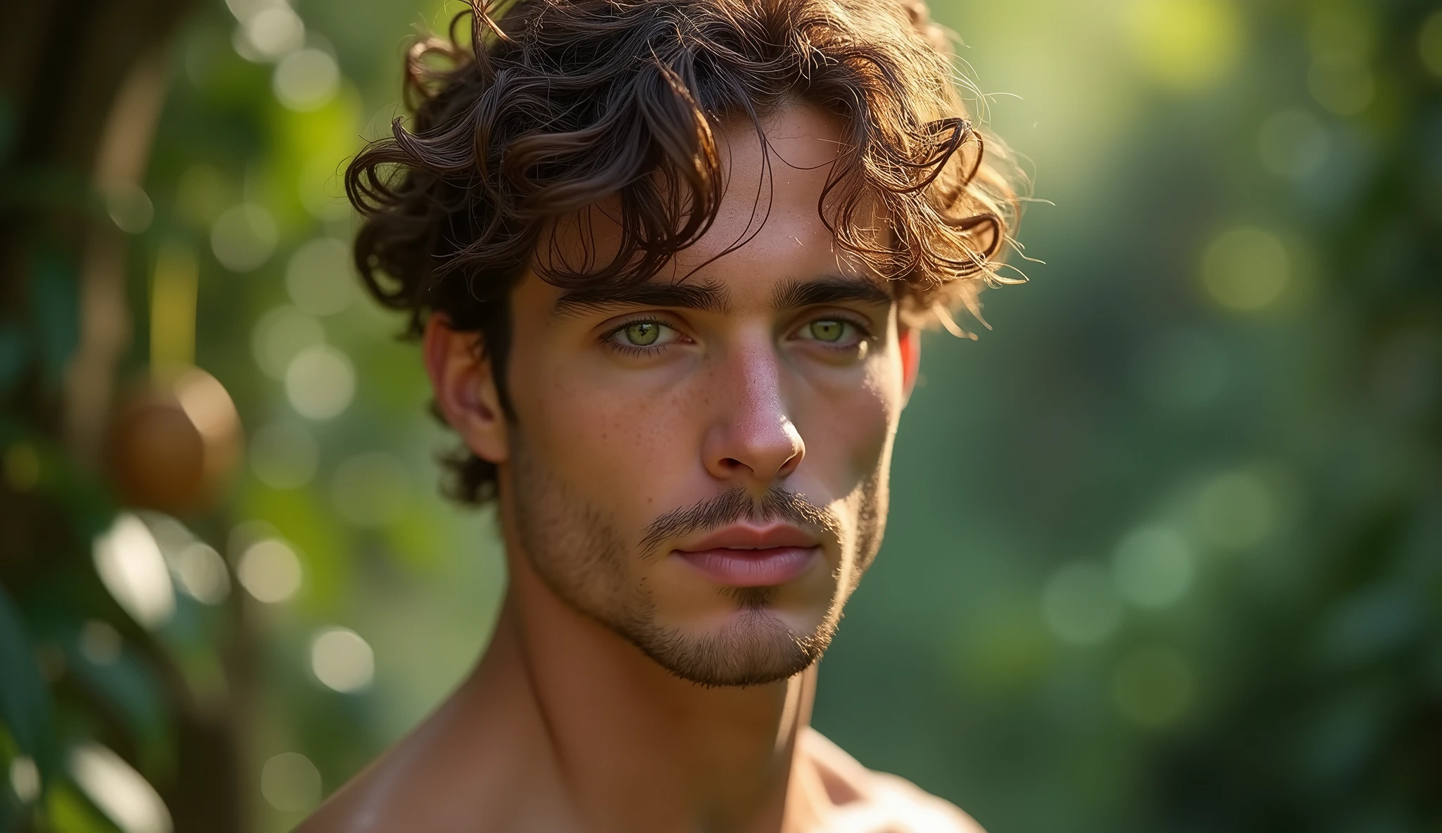 Adam the man in his mid 20s, is a descendant of Aphrodite, ah inherited a certain beauty from him, The he looks very pale, with beautiful, slightly greenish hazel eyes, curly hair not so long, hazelnut brown but sometimes some reddish lights, the boy has a fit body, He is tall and very attractive, too handsome, He is and is in the garden of Eden, 32K UHD, extremely detailed, high definition, style raw.