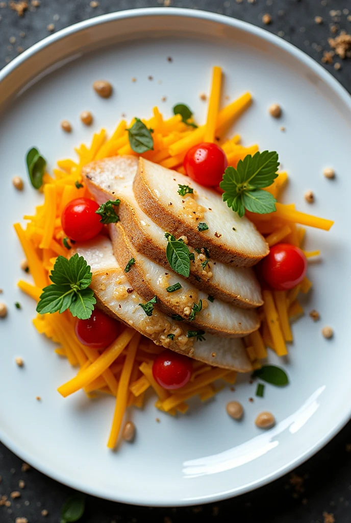 Marinated sea bass slices with peanut dressing, seen from above and with red pepper salad, yellow and gherkin finely chopped into julienne strips, with a gourmet plating