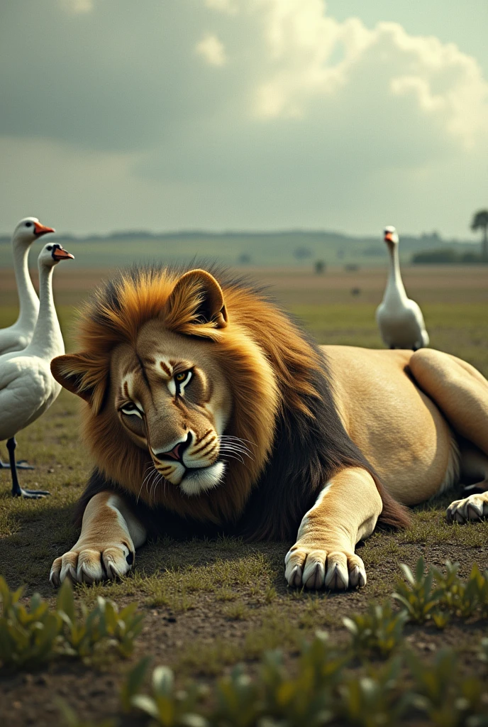 A lion fallen dead on the ground against many geese