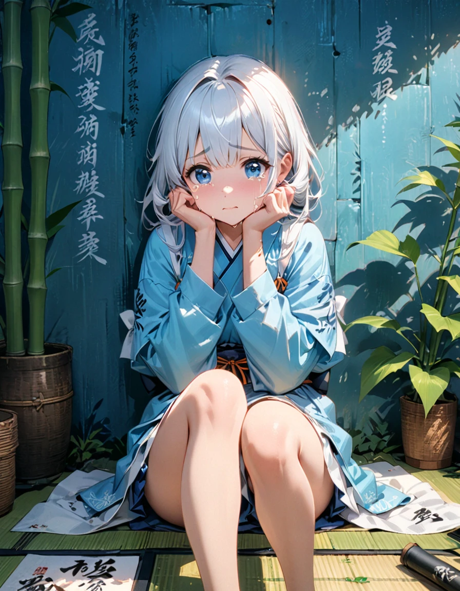 detailed textures, high quality, high resolution, high accuracy, realism, color correction, correct lighting settings, harmonious composition. A drawing of a cute anime girl with white hair, sitting on the ground in front of a bamboo plant, holding her head and crying. The background features Japanese-style typography and calligraphy in a blue color palette. --ar 3:4 --niji 6