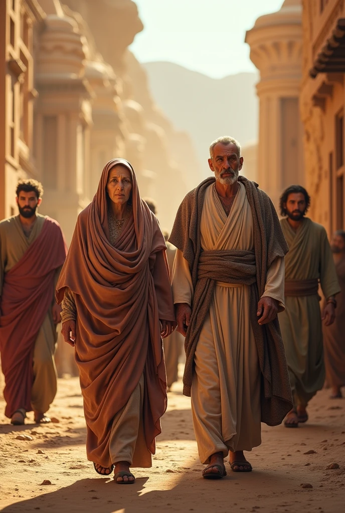General realistic images of an elderly woman and an elderly man, and two men to young men next to each elderly man. With enough robes in the city of Moab that are based on the story of Ruth, all the characters must be good looking. All in the same image