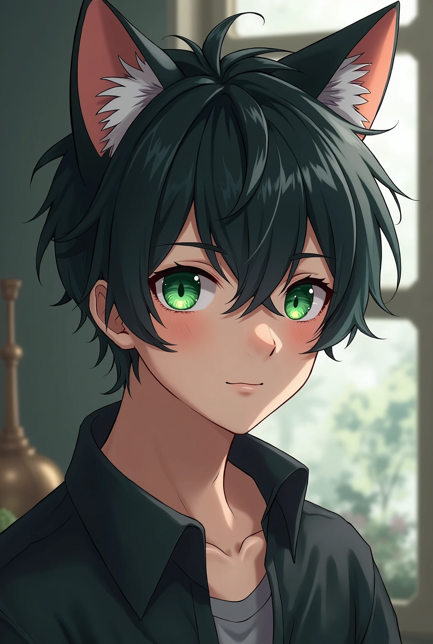 guy 2,  green eyes, black hair, Cat&#39;s ears, Cute, anime style anime guy  