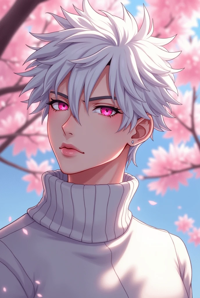 anime character, White hair, spiky hair, Pale skin, pink eyes, Long white eyelashes, male, muscular, white small earrings, big glossy lips, cherry blossom trees, grey eyebrows, white sweater, 