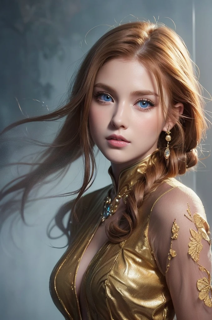(solo, full body photo:1.3), (action packed:1.3), (haze, fog, mist:1.3), chiaroscuro, best quality, photorealistic, 1woman, (cute), (24yo:1.2), redhead, long ginger hair highly detailed, 1700'S, digital photography, art by artgerm and ruan jia and greg rutkowski surreal painting gold butterfly filigree, broken glass, (masterpiece, sidelighting, finely detailed Fashionable eyes: 1.2) (perfect oval large eyes that gazes at the viewer), beautiful detailed face, blue gorgeous perfect eyes, (blonde hair ponytail), (attractive young woman:1.3), (thick amazing hair), (seductive:1.1), (blushing:1.1)