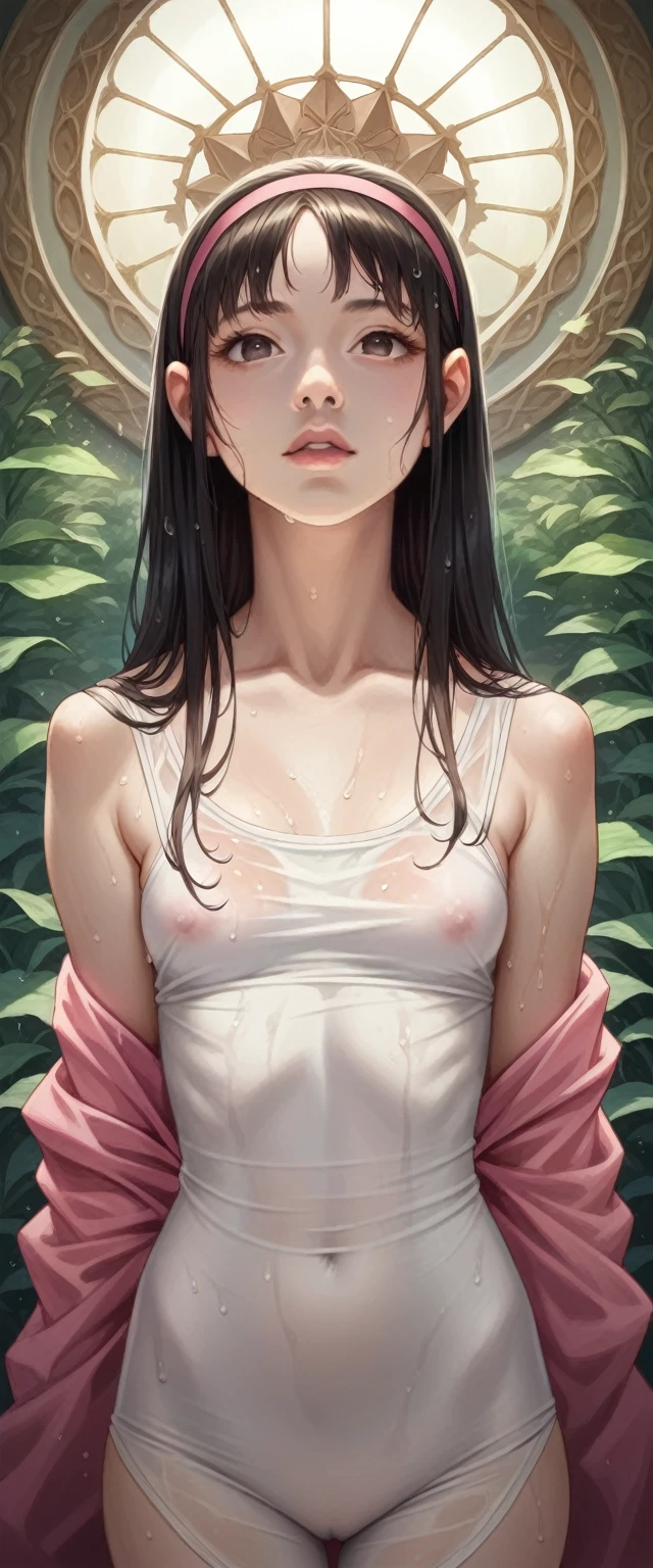 Anime girl with wet pink clothes., realistic shadows, detailed skin, very small breasts, black fur, hair band, Very detailed, 8k highly detailed face, perfect face shape, perfect lips, perfect nose, correct beautiful eyes, Observation viewer, masterpiece, Best Quality, Single woman, not good, no panties, Alone