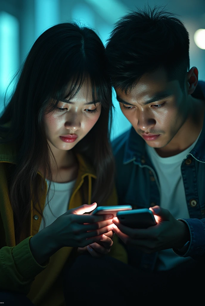 A young woman and a young man are in danger out of nowhere and see if they have received notifications on Facebook 