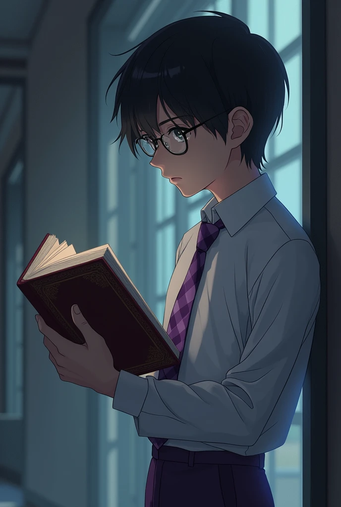 Un lycéen d'anime aux cheveux noirs et un tout petit peu longs, vêtu d'une chemise blanche, d'une cravate violette à carreaux et d'un pantalon violet aussi. Il est de taille moyenne. Il a de larges épaules, un large dos, et les yeux très noirs. Il lit un livre de fantasy, il se tient droit, il est de profil. Il porte des chaussures de ville noires. Il a des lunettes et un visage très froid, très inexpressif.