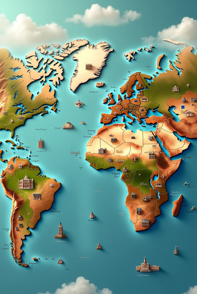 a world map with icons of buildings or entities