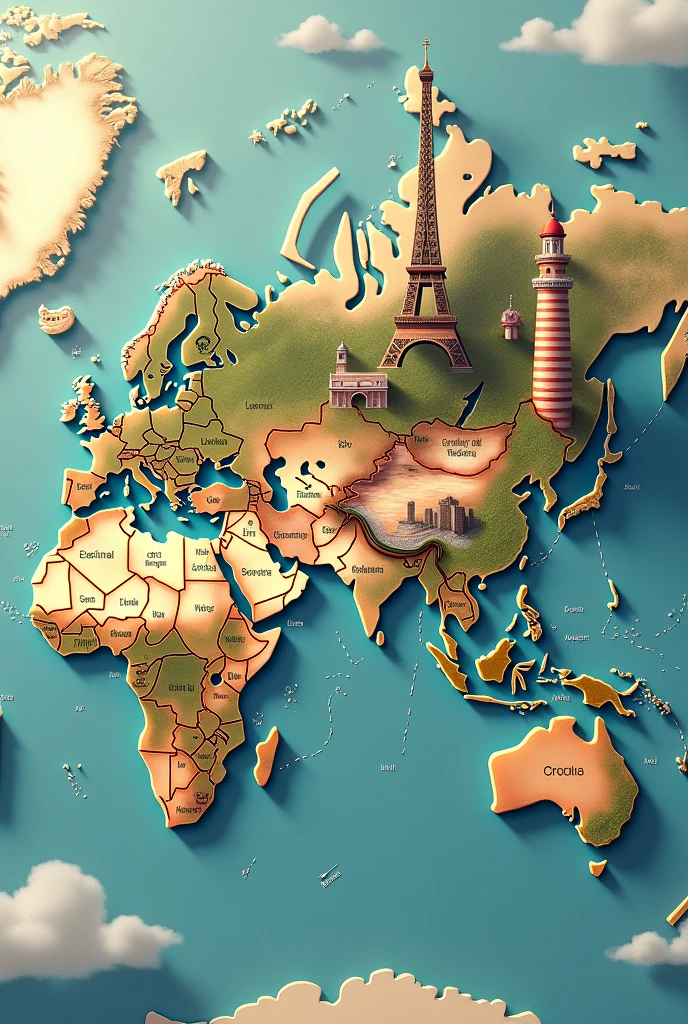 a world map with icons of buildings or entities