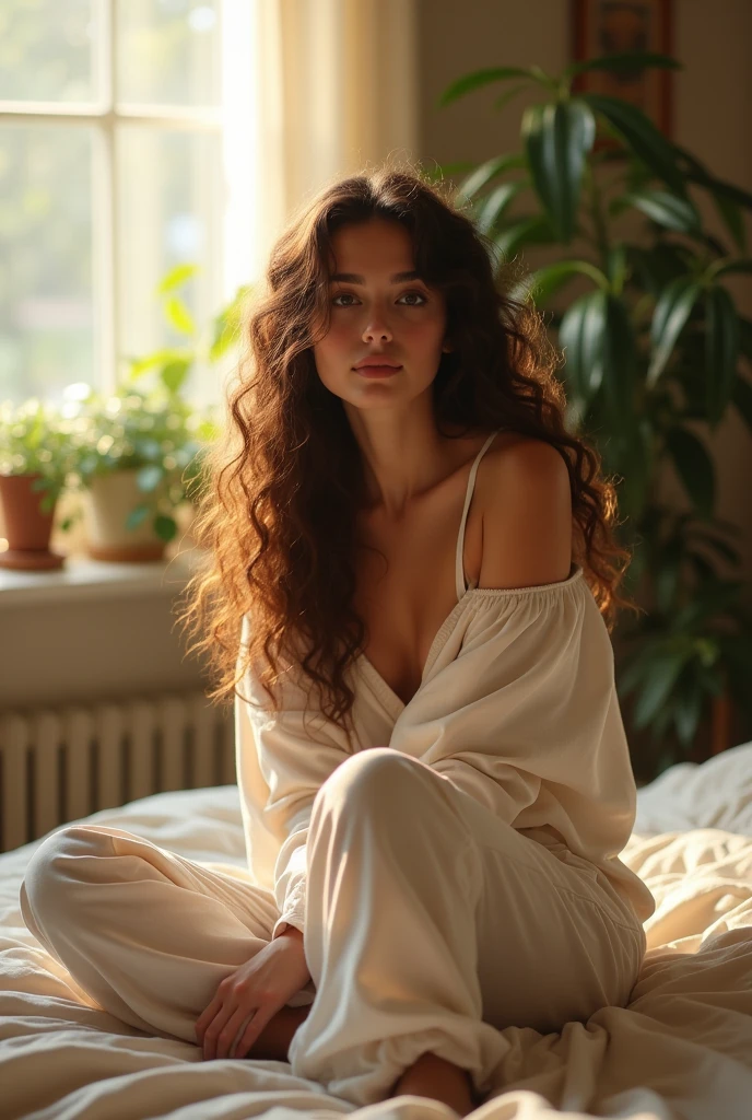 (photorealism:1.2), beautiful woman, sitting on bed, wearing loose off-shoulder top, pajama pants, long curly hair, indoors, soft lighting, plants in background, window with sunlight, cozy room, relaxed pose, realistic, intricate details, warm colors, by Greg Rutkowski, by Alphonse Mucha