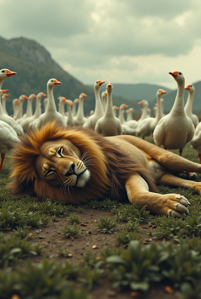 A lion fallen dead on the ground against many geese