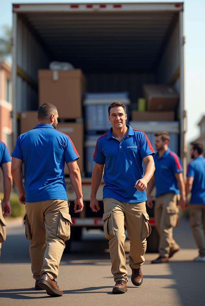 several men in uniform, Royal blue V-neck shirt with red sleeve detail , Khaki cargo pants , unloading a truck full of merchandise