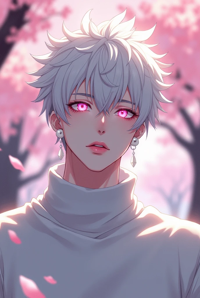 anime character, White hair, spiky hair, Pale skin, pink eyes, Long white eyelashes, male, muscular, white small earrings, big glossy lips, cherry blossom trees, grey eyebrows, white sweater, tall 